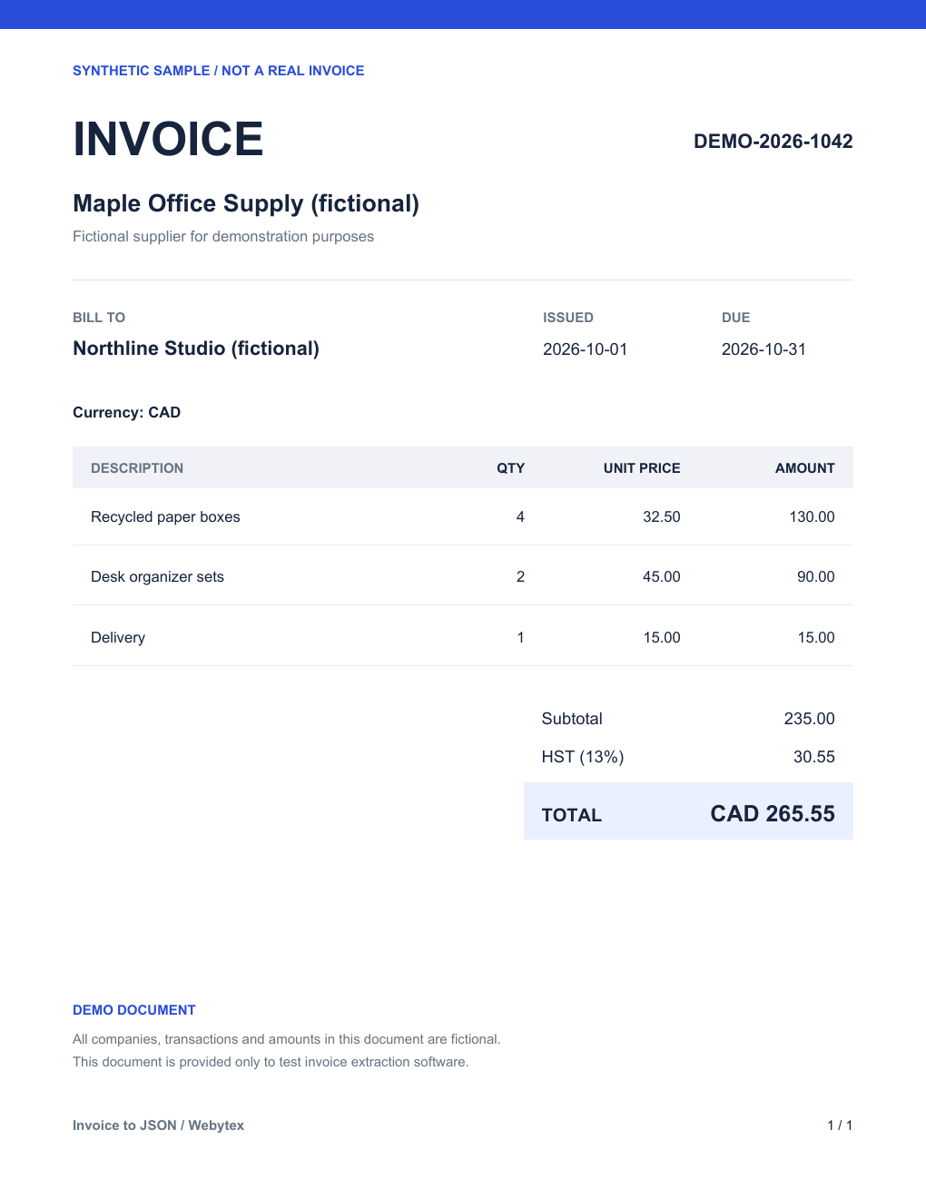 Fictional invoice: A clean CAD invoice with HST and matching totals.